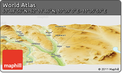 Physical Panoramic Map of the Area around 62° 0' 21" N, 11° 7' 30" E