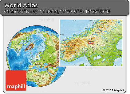 Physical Location Map of the Area around 62° 0' 21" N, 11° 58' 29" E