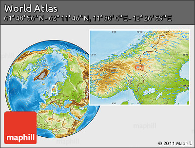 Physical Location Map of the Area around 62° 0' 21" N, 11° 58' 29" E