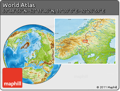 Physical Location Map of the Area around 62° 0' 21" N, 11° 58' 29" E