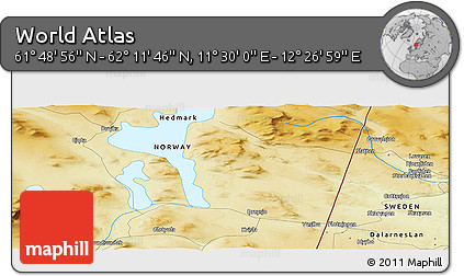 Physical Panoramic Map of the Area around 62° 0' 21" N, 11° 58' 29" E