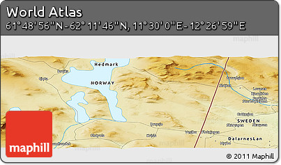 Physical Panoramic Map of the Area around 62° 0' 21" N, 11° 58' 29" E