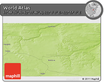Physical 3D Map of the Area around 62° 0' 21" N, 122° 28' 29" E