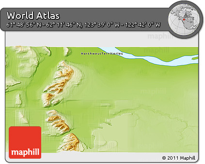 Physical 3D Map of the Area around 62° 0' 21" N, 123° 10' 30" W