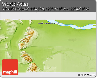 Physical 3D Map of the Area around 62° 0' 21" N, 123° 10' 30" W