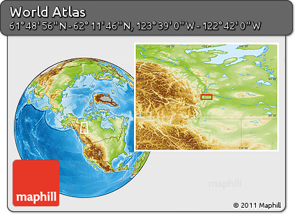 Physical Location Map of the Area around 62° 0' 21" N, 123° 10' 30" W