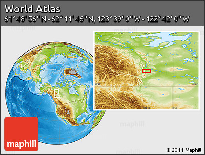 Physical Location Map of the Area around 62° 0' 21" N, 123° 10' 30" W