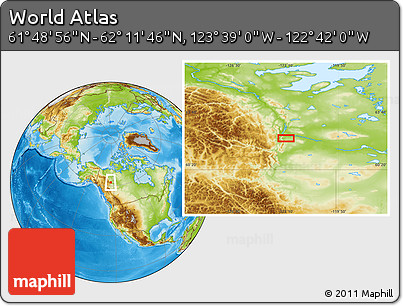 Physical Location Map of the Area around 62° 0' 21" N, 123° 10' 30" W