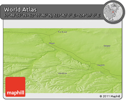 Physical 3D Map of the Area around 62° 0' 21" N, 124° 10' 30" E