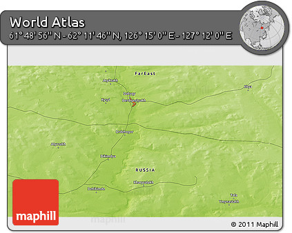 Physical 3D Map of the Area around 62° 0' 21" N, 126° 43' 29" E