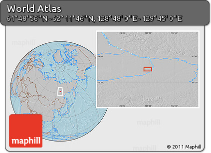 Gray Location Map of the Area around 62° 0' 21" N, 129° 16' 30" E, hill shading