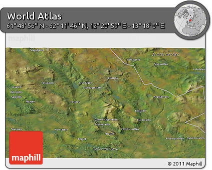Satellite 3D Map of the Area around 62° 0' 21" N, 12° 49' 29" E