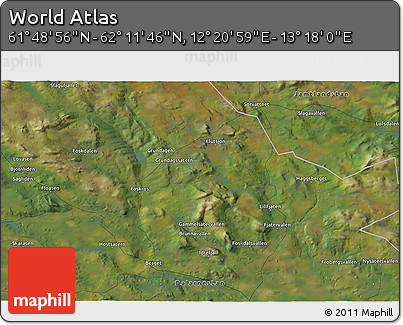 Satellite 3D Map of the Area around 62° 0' 21" N, 12° 49' 29" E