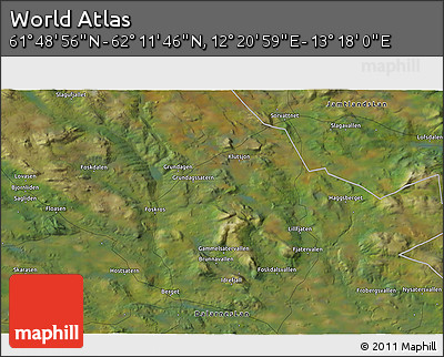 Satellite 3D Map of the Area around 62° 0' 21" N, 12° 49' 29" E