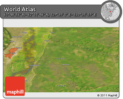 Satellite 3D Map of the Area around 62° 0' 21" N, 130° 7' 30" E
