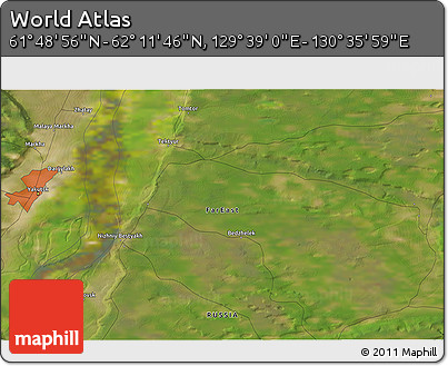 Satellite 3D Map of the Area around 62° 0' 21" N, 130° 7' 30" E