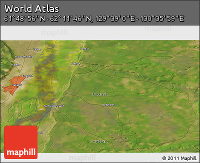 Satellite 3D Map of the Area around 62° 0' 21" N, 130° 7' 30" E