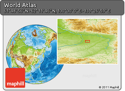 Physical Location Map of the Area around 62° 0' 21" N, 130° 58' 29" E