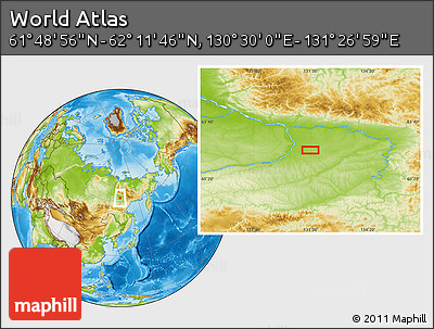 Physical Location Map of the Area around 62° 0' 21" N, 130° 58' 29" E