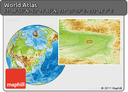 Physical Location Map of the Area around 62° 0' 21" N, 131° 49' 29" E