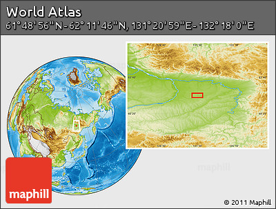 Physical Location Map of the Area around 62° 0' 21" N, 131° 49' 29" E