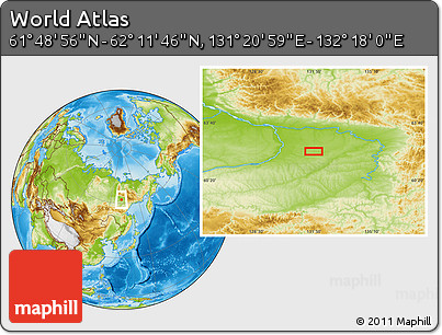 Physical Location Map of the Area around 62° 0' 21" N, 131° 49' 29" E
