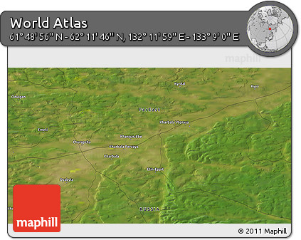 Satellite 3D Map of the Area around 62° 0' 21" N, 132° 40' 30" E