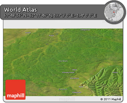 Satellite 3D Map of the Area around 62° 0' 21" N, 133° 31' 30" E