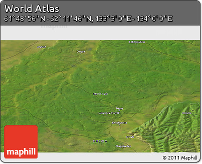 Satellite 3D Map of the Area around 62° 0' 21" N, 133° 31' 30" E