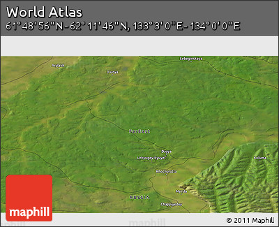 Satellite 3D Map of the Area around 62° 0' 21" N, 133° 31' 30" E