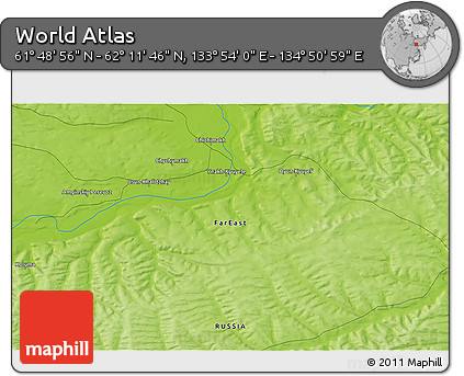 Physical 3D Map of the Area around 62° 0' 21" N, 134° 22' 30" E