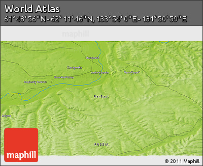 Physical 3D Map of the Area around 62° 0' 21" N, 134° 22' 30" E