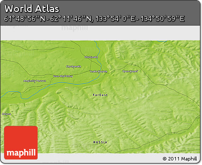 Physical 3D Map of the Area around 62° 0' 21" N, 134° 22' 30" E