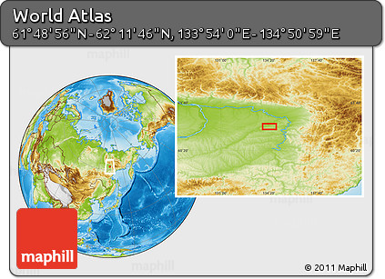 Physical Location Map of the Area around 62° 0' 21" N, 134° 22' 30" E