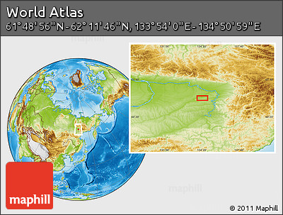 Physical Location Map of the Area around 62° 0' 21" N, 134° 22' 30" E
