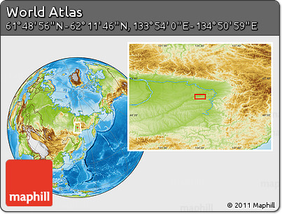 Physical Location Map of the Area around 62° 0' 21" N, 134° 22' 30" E