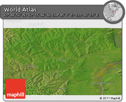 Satellite 3D Map of the Area around 62° 0' 21" N, 135° 13' 29" E