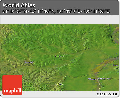 Satellite 3D Map of the Area around 62° 0' 21" N, 135° 13' 29" E