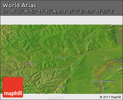 Satellite 3D Map of the Area around 62° 0' 21" N, 135° 13' 29" E
