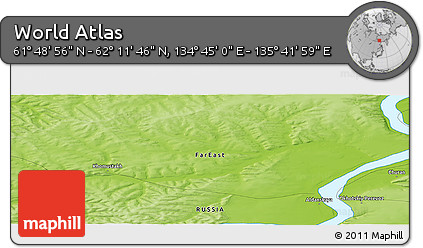 Physical Panoramic Map of the Area around 62° 0' 21" N, 135° 13' 29" E