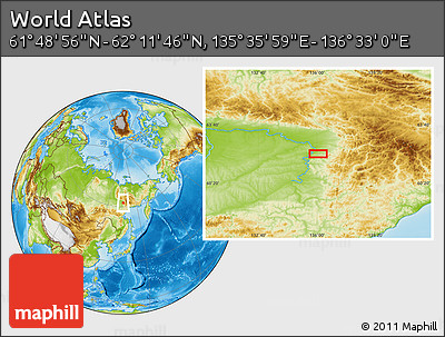 Physical Location Map of the Area around 62° 0' 21" N, 136° 4' 29" E