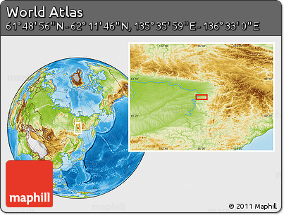 Physical Location Map of the Area around 62° 0' 21" N, 136° 4' 29" E