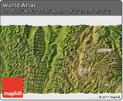 Satellite 3D Map of the Area around 62° 0' 21" N, 137° 46' 30" E