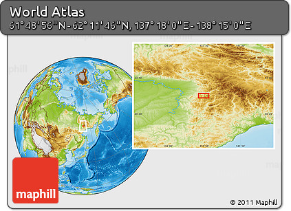 Physical Location Map of the Area around 62° 0' 21" N, 137° 46' 30" E