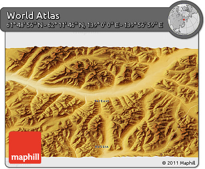 Physical 3D Map of the Area around 62° 0' 21" N, 139° 28' 29" E