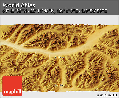 Physical 3D Map of the Area around 62° 0' 21" N, 139° 28' 29" E