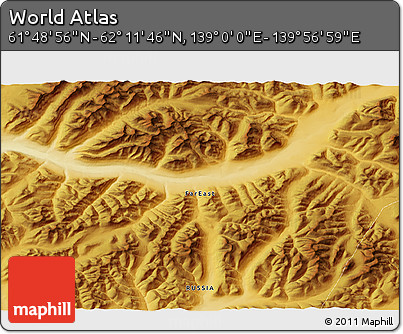 Physical 3D Map of the Area around 62° 0' 21" N, 139° 28' 29" E