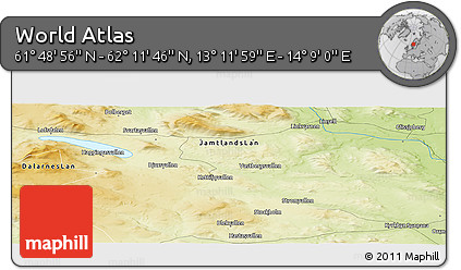 Physical Panoramic Map of the Area around 62° 0' 21" N, 13° 40' 30" E
