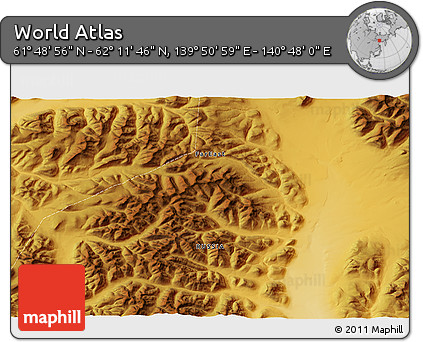 Physical 3D Map of the Area around 62° 0' 21" N, 140° 19' 29" E