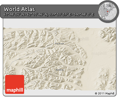 Shaded Relief 3D Map of the Area around 62° 0' 21" N, 140° 19' 29" E